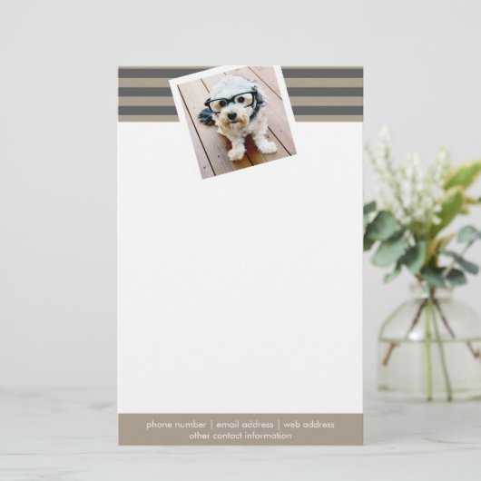 Aangepaste naam en foto van Preppy Grey Striped Pa Briefpapier (Staand voorkant)