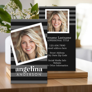 Aangepaste naam en foto van Preppy Grey Striped Pa Visitekaartje