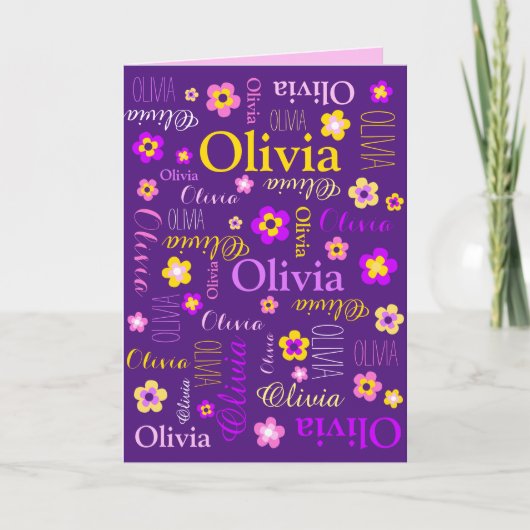 Aangepaste naam en grafische bloemen paarse roze kaart (Voorkant)