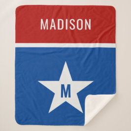 Aangepaste naam en initiaal rood, wit en blauw sherpa deken
