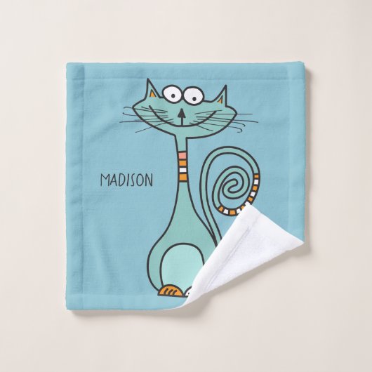 Aangepaste naam en kleur Funny Cat handdoek set (Wasdoekje)