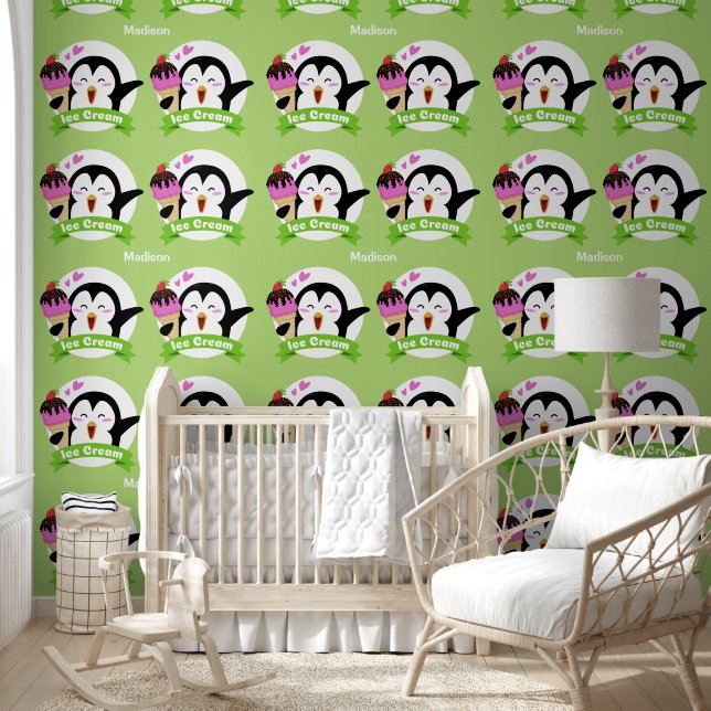 Aangepaste naam en kleur Ice Cream Penguin Behang (Kinderen)