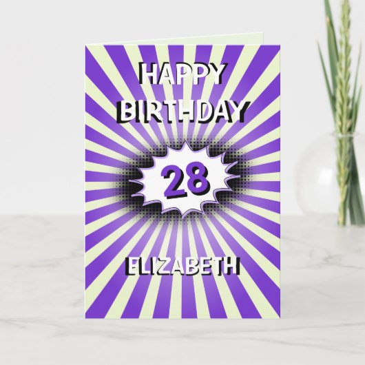 Aangepaste naam en leeftijd paarse splash retro-ve kaart (Voorkant)