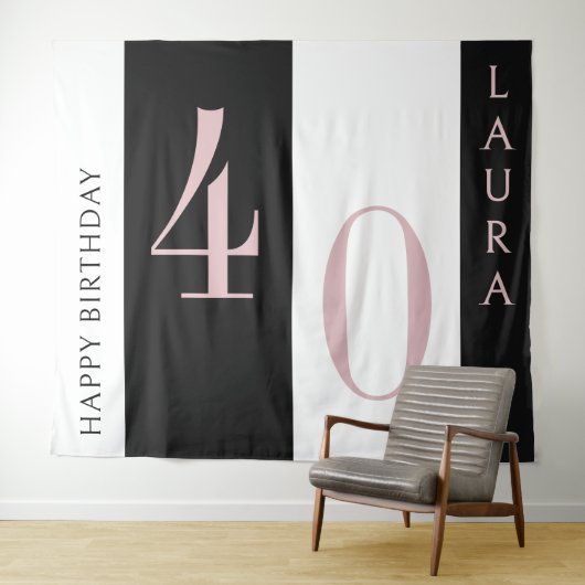 Aangepaste naam- en leeftijdsbanner zwart roze wit wandkleed (In Situ (horizontaal))