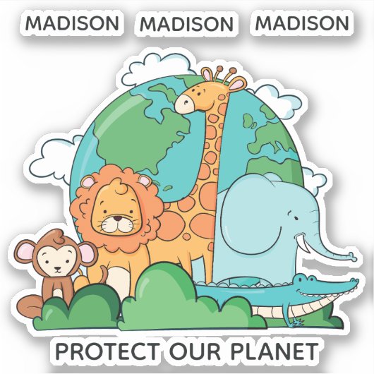 Aangepaste naam en tekst aarde met dieren sticker (Voorkant)