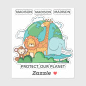 Aangepaste naam en tekst aarde met dieren sticker (Vel)