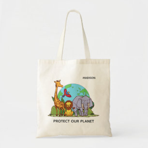 Aangepaste naam en tekst aarde met dieren tote bag