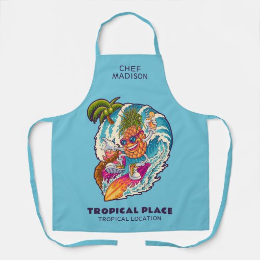 Aangepaste naam en tekst surfende ananas schort (Voorkant)
