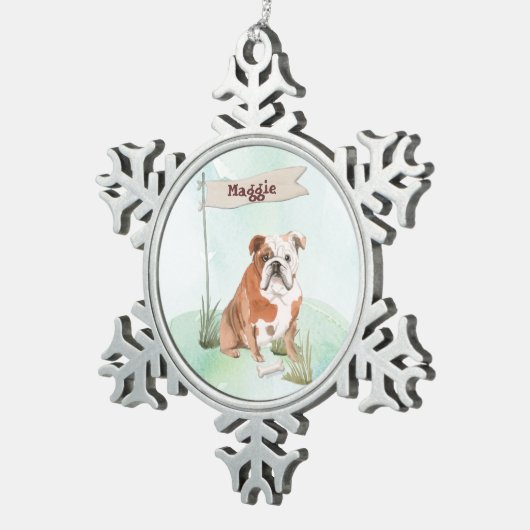 Aangepaste naam Engelse Bulldog Pet Dog Tin Sneeuwvlok Ornament (Rechts)
