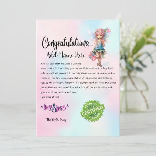 Aangepaste naam Fairy Letter Keepsake - Voor kinde Kaart (Staand voorkant)