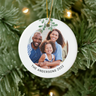 Aangepaste naam Familie Foto Mistletoe Keramisch Ornament