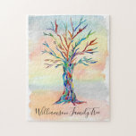Aangepaste naam Familiestructuur Puzzle Legpuzzel<br><div class="desc">Aangepaste naam Familieboom Puzzle. Deze stijlvolle puzzel is versierd met een kleurrijk ontwerp van de Familieboom op de achtergrond van de waterverf. Pas het aan met uw familienaam. De boom werd oorspronkelijk in mozaïek gemaakt met kleine stukjes gekleurd glas. Originele mozaïek © Michele Davies.</div>