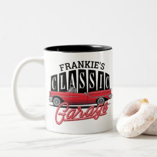 Aangepaste NAAM Faux Neon 1950 Classic Car Garage Tweekleurige Koffiemok