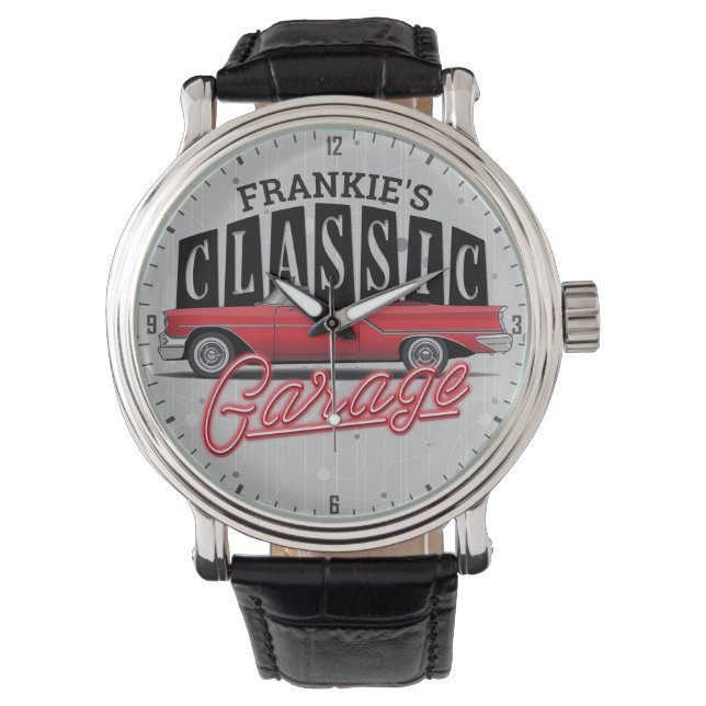 Aangepaste naam Faux Neon Classic Car Paps Garage Horloge (Voorkant)