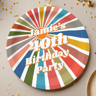 Aangepaste naam feesttafel decor leuk retro regenb papieren bordje