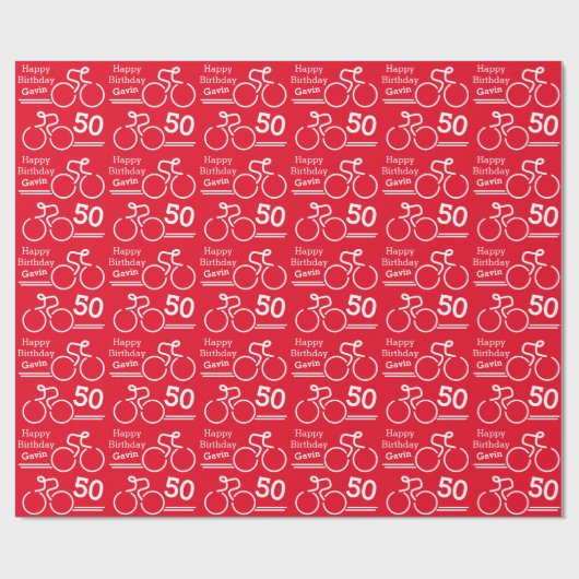 Aangepaste naam: fietser rood 50e verjaardagscrap cadeaupapier (Vlak)