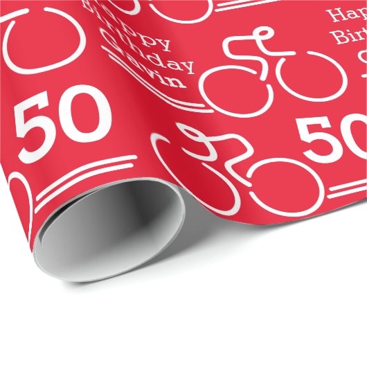 Aangepaste naam: fietser rood 50e verjaardagscrap cadeaupapier (Rol Hoek)