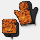 Aangepaste naam Fire Flames Ovenwant & Pannenlap Set (Voorkant / Achterkant)