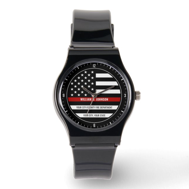 Aangepaste NAAM FireFighter Thin Red Line Fire Sta Horloge (Voorkant)