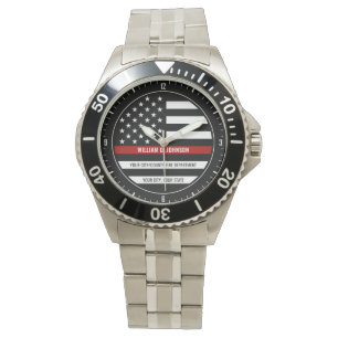 Aangepaste NAAM FireFighter Thin Red Line Fire Sta Horloge