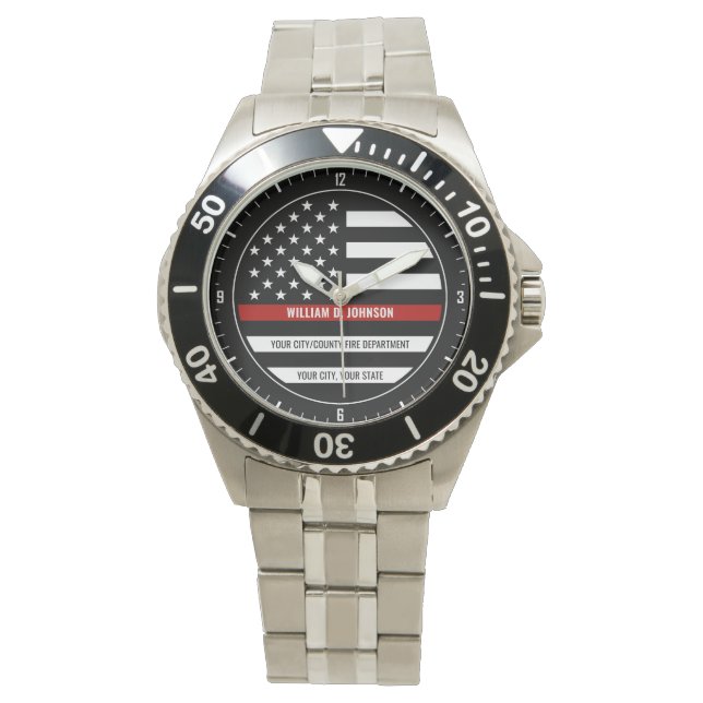 Aangepaste NAAM FireFighter Thin Red Line Fire Sta Horloge (Voorkant)