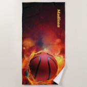Aangepaste naam Flaming Basketball Strandlaken (Voorkant)