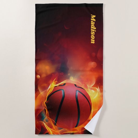 Aangepaste naam Flaming Basketball Strandlaken (Voorkant)
