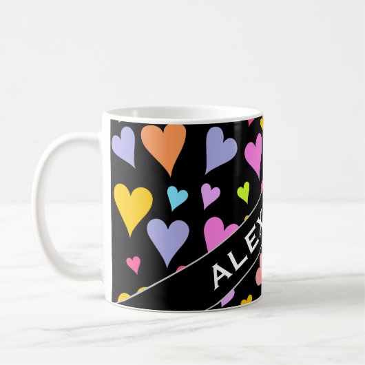 Aangepaste naam + flauw, liefdevol, kleurrijk hart koffiemok (Links)