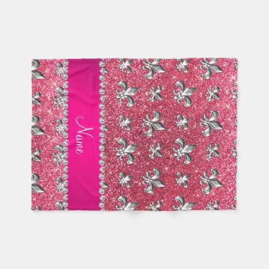 Aangepaste naam fleur de lis fuchsia roze glitter fleece deken (Voorkant (Horizontaal))