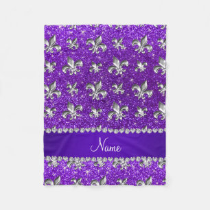 Aangepaste naam fleur de lis indigo paarse glitter fleece deken