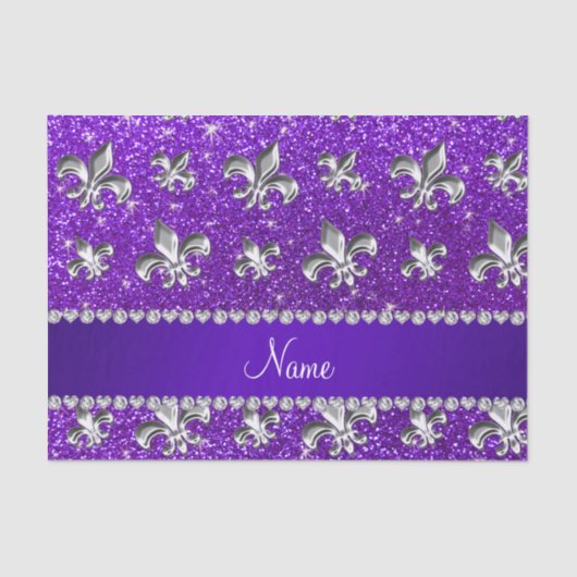 Aangepaste naam fleur de lis indigo paarse glitter tissuepapier (Voorkant)