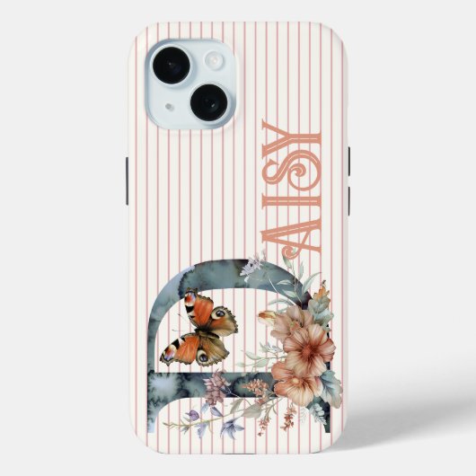 Aangepaste naam | Floral Butterfly Initiaal Peach  Case-Mate iPhone Case (Achterkant)