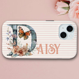 Aangepaste naam | Floral Butterfly Initiaal Peach iPhone 15 Case