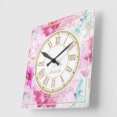  aangepaste naam Floral Pink Gold White Vierkante Klok (Hoek)