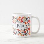Aangepaste naam  Floral Red Colorful Girly Mok<br><div class="desc">Pas deze Mok met de liefdevolle aangepaste naam aan met een Oorspronkelijk patroon van rode flessen en zwarte bladeren. Meisjes schattig ontwerp, perfect voor een korte naam. Voor een langere naam klik op de Customize het Button onder het product afbeelding en u zult de tekst kunnen resize. Je kunt ook...</div>