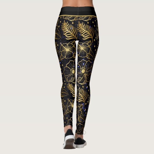 Aangepaste naam florale naadloos patroon goud leggings (Achterkant)