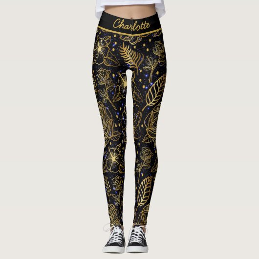 Aangepaste naam florale naadloos patroon goud leggings (Voorkant)