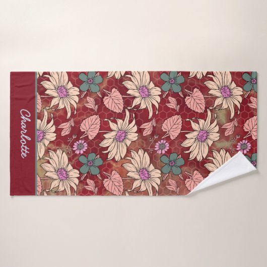 Aangepaste naam florale naadloos patroon rood badhanddoek (Badhanddoek)