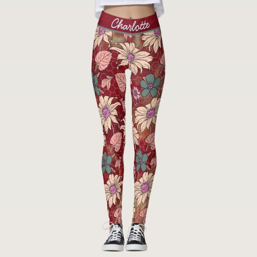 Aangepaste naam florale naadloos patroon rood leggings (Voorkant)