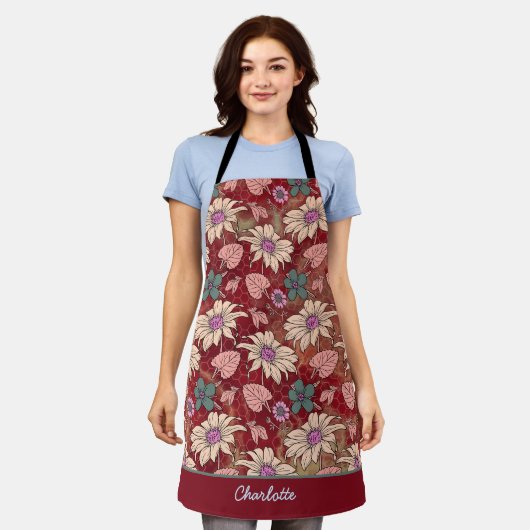 Aangepaste naam florale naadloos patroon rood schort (Gedragen)