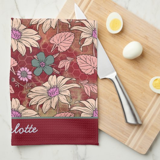 Aangepaste naam florale naadloos patroon rood theedoek (Quarter Fold)