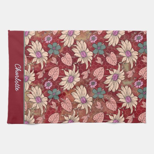 Aangepaste naam florale naadloos patroon rood theedoek (Horizontaal)