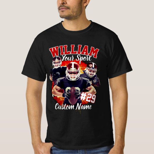 Aangepaste Naam Football Drie Foto Zwart en Rood T-shirt (Voorkant)