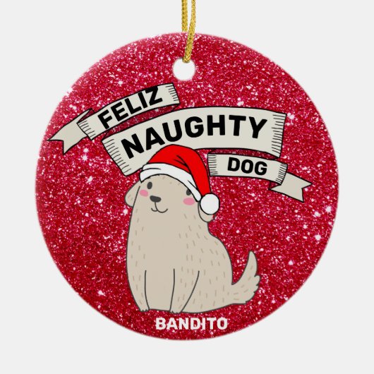 Aangepaste naam Foto aangepast Feliz Naughty Dog Keramisch Ornament (Voorkant)