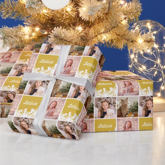 Aangepaste naam Foto Collage Yellow White Snowflak Cadeaupapier (Feestdagen)