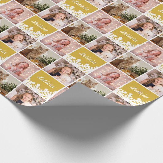 Aangepaste naam Foto Collage Yellow White Snowflak Cadeaupapier (Hoek)