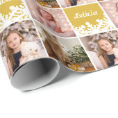 Aangepaste naam Foto Collage Yellow White Snowflak Cadeaupapier (Rol Hoek)