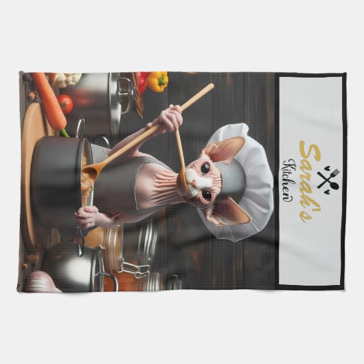 Aangepaste Naam Foto Grappige Sphynx Cat Chef Cook Theedoek (Horizontaal)
