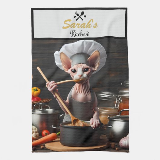 Aangepaste Naam Foto Grappige Sphynx Cat Chef Cook Theedoek (Verticaal)