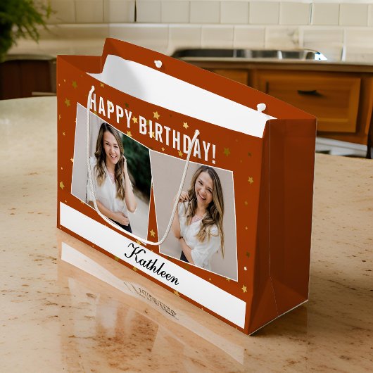 Aangepaste Naam Foto Happy Birthday Gift Bag voor  Groot Cadeauzakje